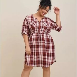 Torrid Mini Seer Sucker Zip-Front Shirt Dress In Plaid Ivory Women's Size 4X